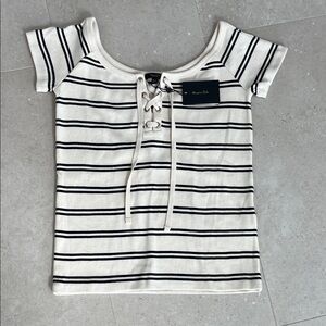 Massimo Dutti  Striped Lace-Up Top - Cream and Black